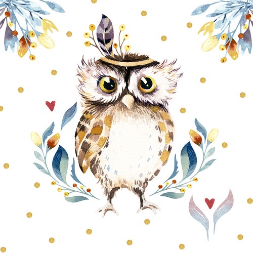 20 Servietten Flower Owl - Eule mit Feder 33x33cm