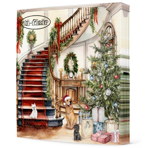 20 Servietten Maison de Noel - Hunde im Weihnachtshaus 33x33cm