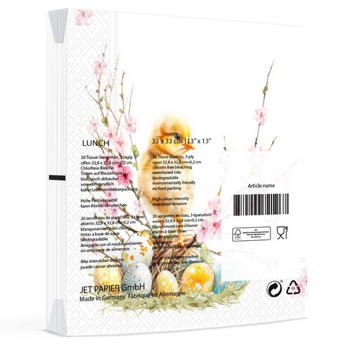 20 Servietten Joli Poussin - Küken an Blüten auf Ostereier 33x33cm