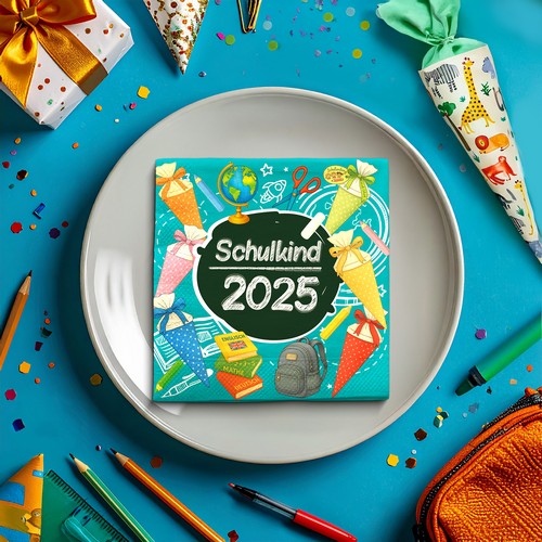 20 Servietten Schulkind 2025 - Einschulung türkis 2025 33x33cm