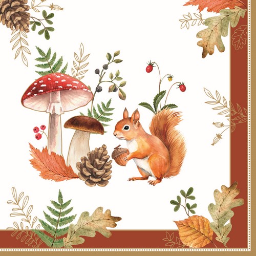 20 Servietten Autumn Breeze - Eichhörnchen an Herbstpilze 33x33cm