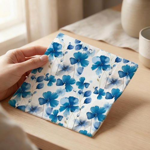 20 Servietten Everbloom blue - Gemalte blaue Blüten 33x33cm