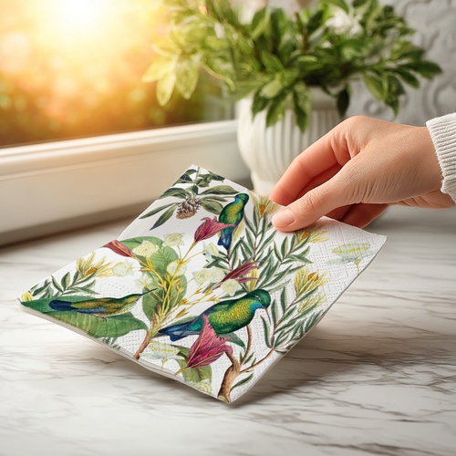 20 kleine Cocktailservietten Tropical Paradise - Tropische Blüte um Blätter 25x25cm