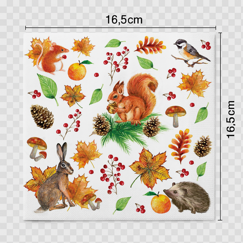 20 Servietten Autumn Moments - Herbstliche Blätter und Tiere  33x33cm