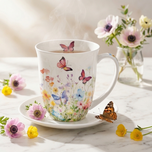 Tasse aus Porzellan Butterflies in field white  - Schmetterlinge im bunten Blumenfeld 0,4L, Höhe 10,5cm