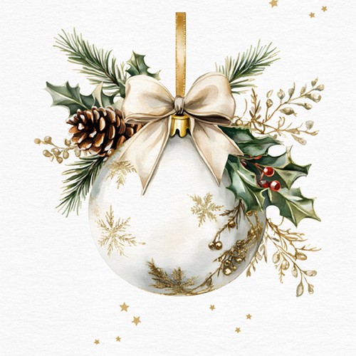 20 Servietten White Bauble - Weiße Christbaumkugel 33x33cm