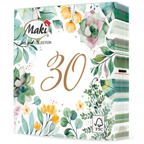 20 Servietten Floral Frame 30 - Zahl 30 in grünen Blättern 33x33cm