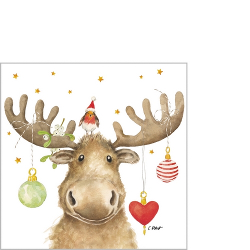 20 kleine Cocktailservietten Elmo & Friend - Vogel an Weihnachts-Elch 25x25cm