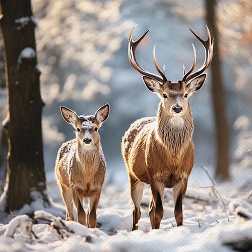 20 Servietten Deer in the Forest - Hirsch mit Kitz im Winter 33x33cm