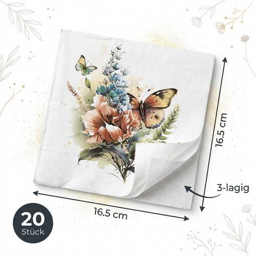 20 Servietten Butterfly and Floral Watercolour Illustration - Schmetterling an Blumenbouquet 33x33cm