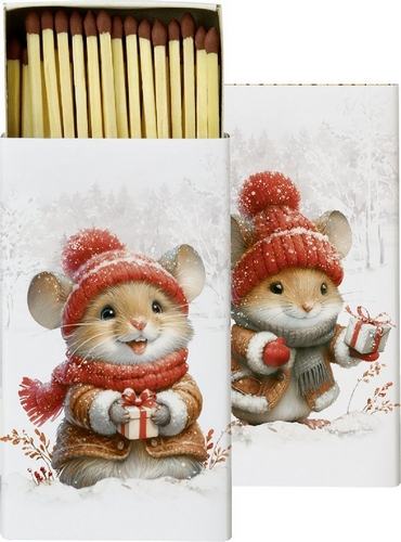 Kaminhölzer 45er Box Elli and Becky - Niedliche Maus mit Winterbekleidung 11x6,3cm