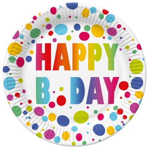 8 Pappteller Happy B´Day Dots - Geburtstag mit bunten Punkten Ø22,7cm