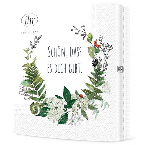 20 Servietten Schön, dass es dich gibt - Spruch im Blätterkranz 33x33cm