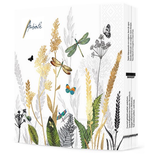 20 Servietten Ornamental Flowers white - Naturbelassene Wiese mit Libellen weiß 33x33cm