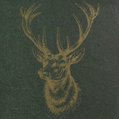 20 Servietten Classic Deer green - Klassischer Hirschkopf grün-gold 33x33cm