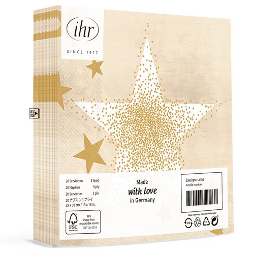 20 Servietten Shining Stars cream gold - Goldener Schimmer auf Stern creme 33x33cm