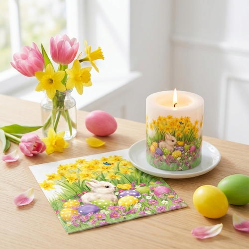 Kerze rund klein Easter friends - Hase und Küken an Narzissen Ø 7,5cm, Höhe 9cm