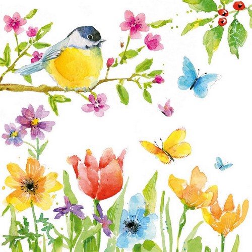 20 Servietten Spring Bird - Vogel an Frühlingswiese 33x33cm
