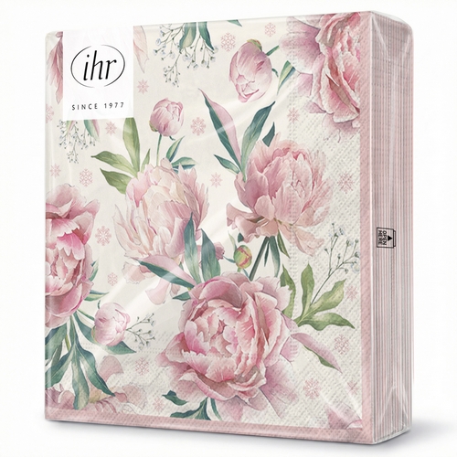 20 Servietten Daphne cream rose - Pfingstrosen auf weiß-rosa 33x33cm