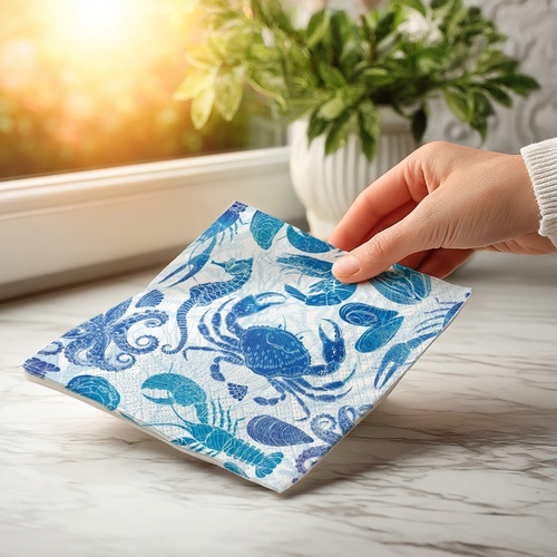 20 kleine Cocktailservietten Lobster Party - Unterwassertiere in Blau 25x25cm