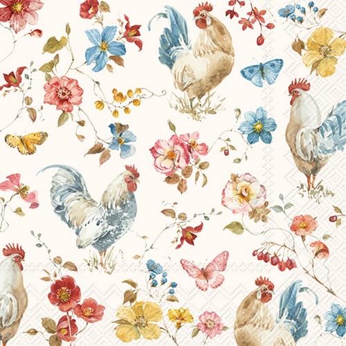 20 Servietten Country Rooster cream - Hahn an Vintage-Blüten 33x33cm