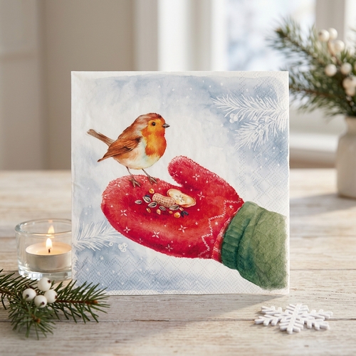 20 Servietten Feeding Robin - Vogel futtert Leckereien im Winter 33x33cm