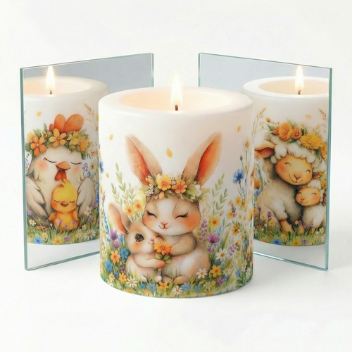 Kerze rund Lovely Spring Families - Fröhliche Frühlingstiere Ø 8cm, Höhe 9cm