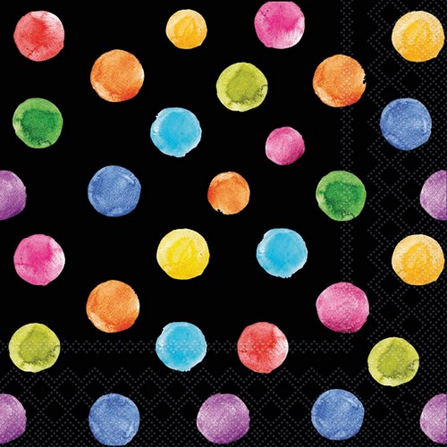 20 Servietten Polka Dots black - Bunte Farbpunkte auf schwarz 33x33cm