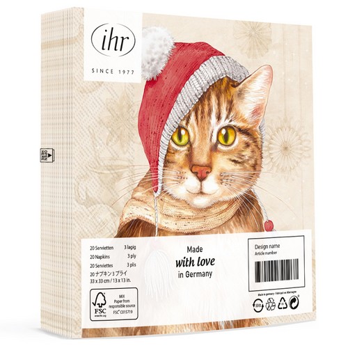 20 Servietten Jill cream - Katze mit Weihnachtsmütze 33x33cm
