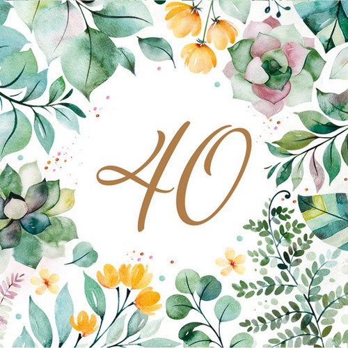 20 Servietten Floral Frame 40 - Zahl 40 in grünen Blättern 33x33cm