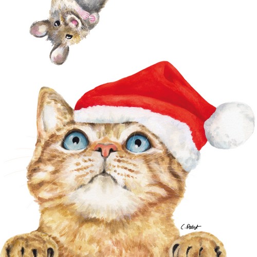20 Servietten Who are you? - Weihnachtskatze entdeckt Maus 33x33cm