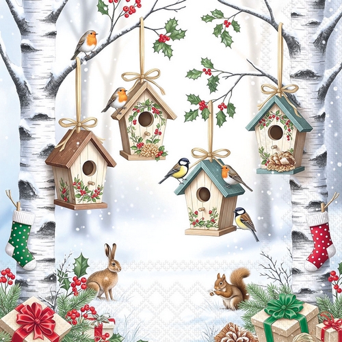 20 Servietten Enchanted Forest - Vogelhäuser im Winterwald 33x33cm