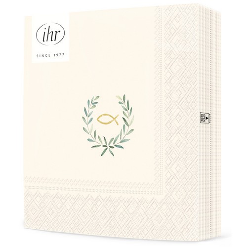 20 Servietten Laurel Wreath Fish cream - Goldener Fisch im zarten Kranz 33x33cm