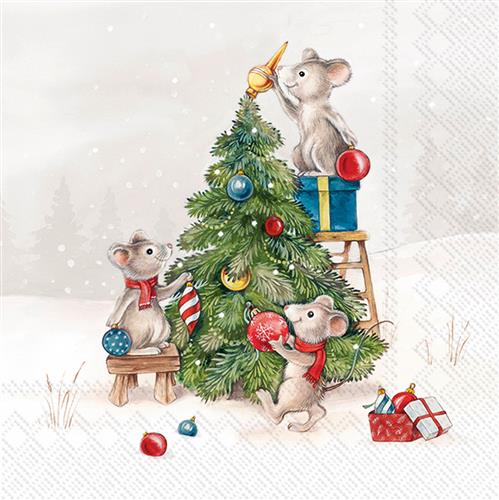 20 Servietten Mice at Work - Mäuse dekorieren Weihnachtsbaum 33x33cm