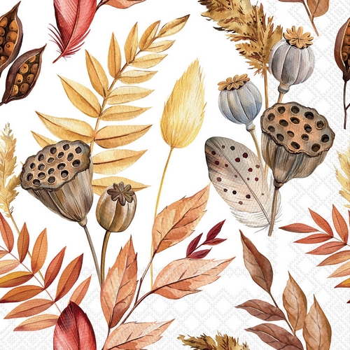 20 Servietten Leaves and Feathers - Blätter und Herbstblüten 33x33cm