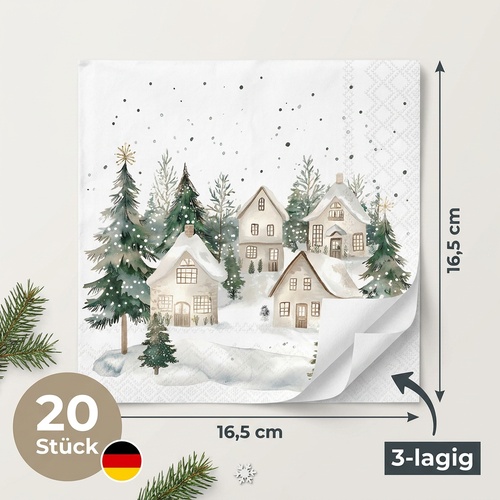 20 Servietten Snowy Houses - Weiße Winterhäuser im Wald 33x33cm