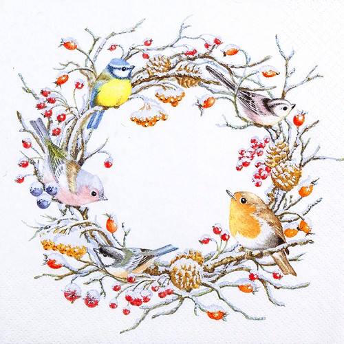 20 Servietten Birds in Winter - Süße Vögel im Winterkranz 33x33cm