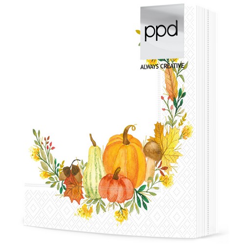 20 Servietten Pumpkin Flair white - Kürbisse im Herbstkranz 33x33cm