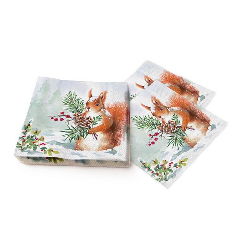20 Servietten Roger - Eichhörnchen mit Winterzweig 33x33cm