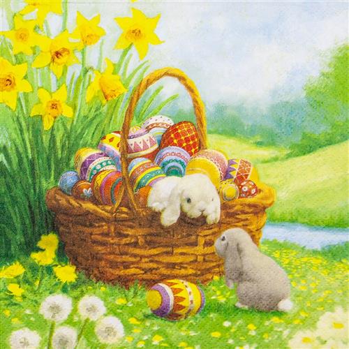 20 Servietten Best Bunny - Osterkorb an Narzissen 33x33cm