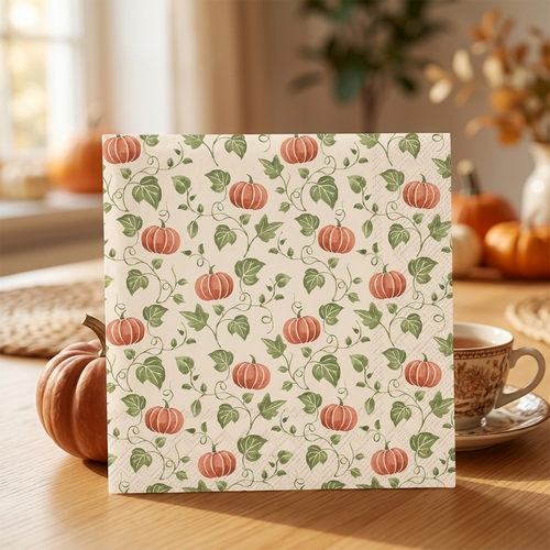 20 Servietten Simple Pumpkin orange - Mini-Kürbisse an Blätter 33x33cm