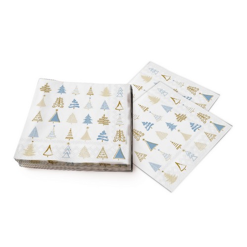 20 Servietten Christmas Tree Doodles blue - Moderne Baumformen blau-gold  33x33cm