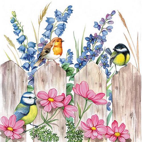 20 Servietten Birds on Fence - Vögel und Blumen am Zaun 33x33cm
