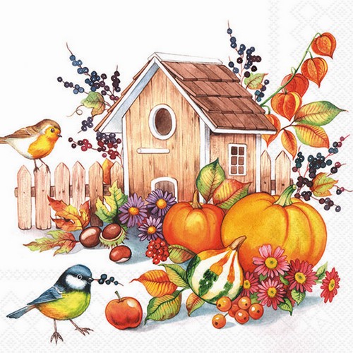 20 Servietten Autumn Birdhouse - Vogelhaus an Herbsternte 33x33cm