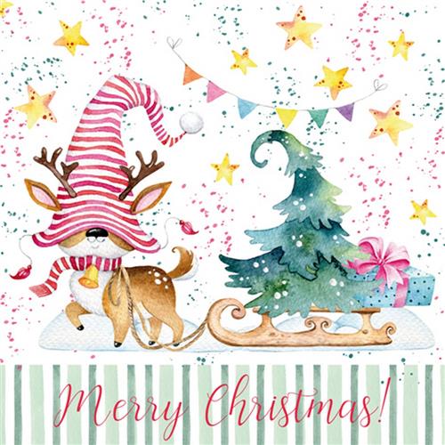 20 Servietten Gnom Reindeer - Lustiges Rentier mit Weihnachtsschlitten 33x33cm