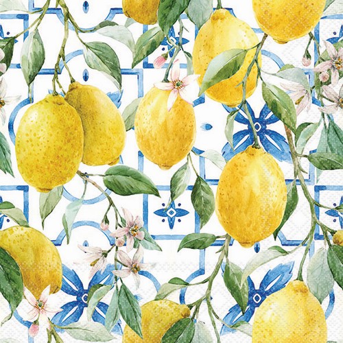 20 Servietten Mediterranean Lemons - Zitronen auf blauem Gitter 33x33cm