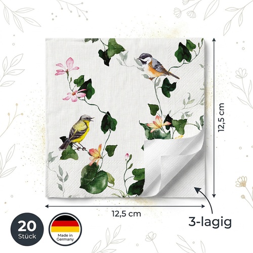 20 kleine Cocktailservietten Botanical Vine - Vögel an Efeu 25x25cm