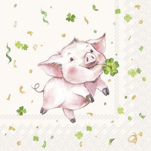 20 Servietten Lucky Pig - Schweinchen mit Kleeblatt 33x33cm