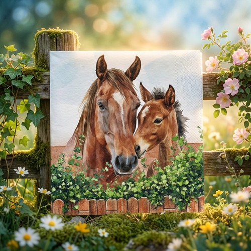 20 Servietten Fattrice e Puledro - Pferdefamilie am Zaun 33x33cm