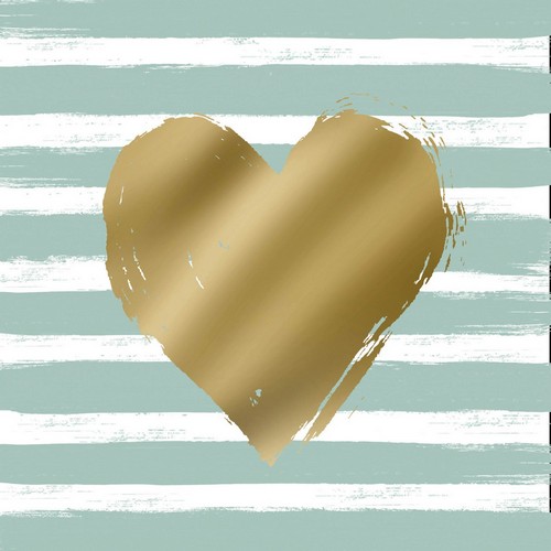 20 Servietten Heart & Stripes eucalyptus - Goldenes Herz auf Streifen eukalyptus 33x33cm